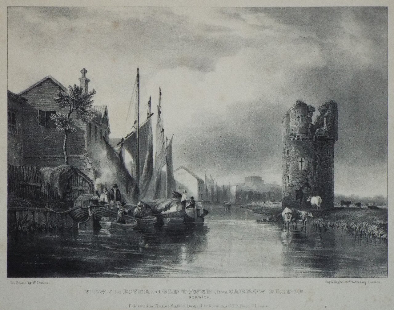Lithograph - View of the River and Old Tower, from Carrow Bridge, Norwich. - Gauci